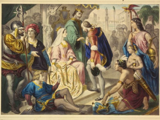 Возвращение Христофора Колумба. Колумб на приеме у короля Фердинанда и королевы Изабеллы по возвращении в Испанию. Гравюра из Библиотеки Конгресса