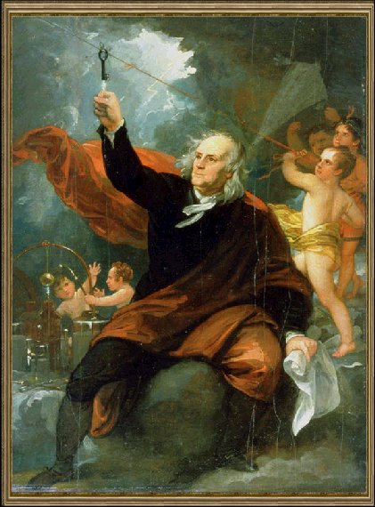 Худ. Б. Уэст. Бенджамин Франклин получает заряд электрического тока с небес, ок. 1816 г., Музей искусства, Филадельфия, США