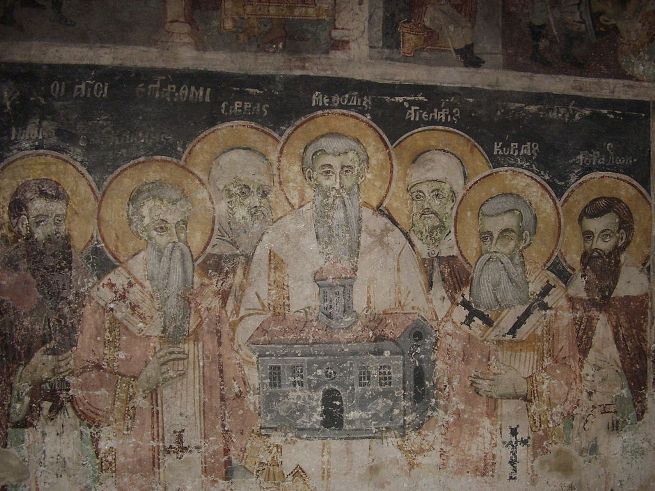 Кирилл и Мефодий с учениками. Фреска в монастыре Святого Наума, Македония