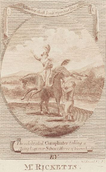 Рикетс исполняет цирковой трюк на своей лошади Корнплантер. Иллюстрация из книги: A History of the American Theatre (New York: J. & J. Harper, 1832), by William Dunlap