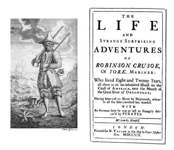 Первое издание романа "Робинзон Крузо", слева гравюра Кларка и Пайна, на которой изображен Робинзон