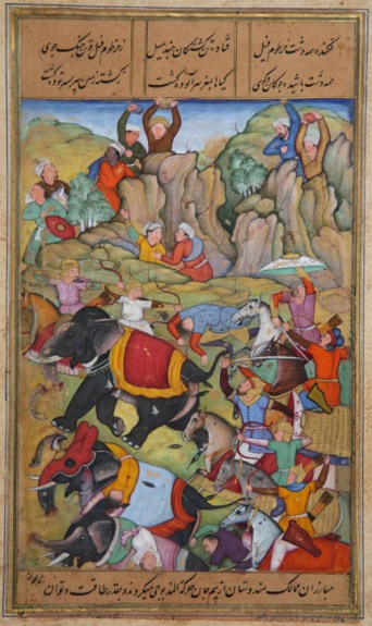 Тимур побеждает султана Дели Насир ад-Дина Махмуда. Миниатюра XVI в.