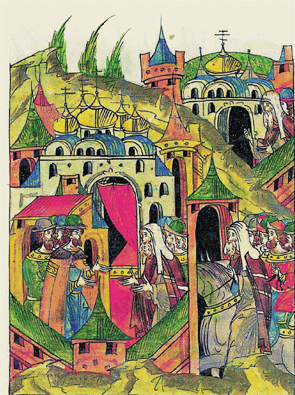 Василий II Темный принимает Исидора в Москве. Миниатюра из Лицевого летописного свода Ивана Грозного. Русь (1468 - 1483 гг. от Р.Х.) Книга 15