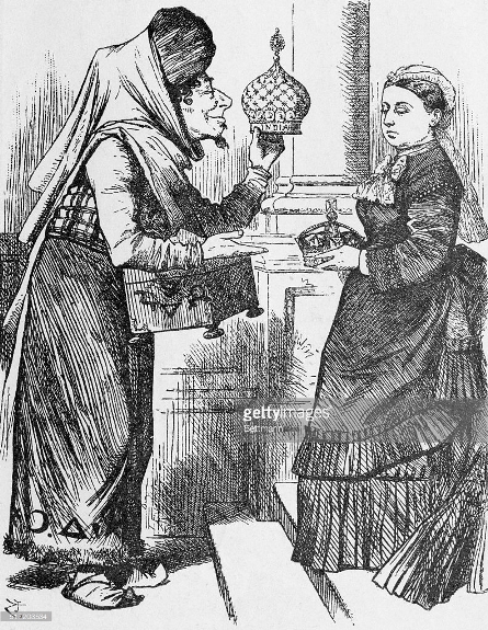Disraeli, Victoria's favorite prime minister in her later years, had the inspiration to make her Empress of India by the Titles Bill of 1876. In this cartoon he offers her the imperial diadem in place of the British crown