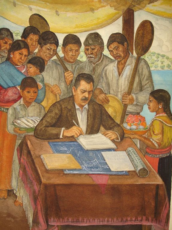 Фреска в Хикильпан-де-Хуарес, штат Мичоакан в Мексике, на которой изображен президент Ласаро Карденас в окружении крестьян. 1938 г.