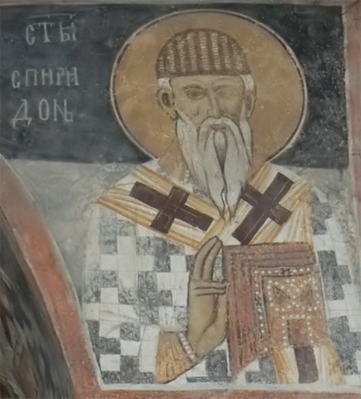 Фреска, изображающая Святого Спиридона в Земенском монастыре, Болгария