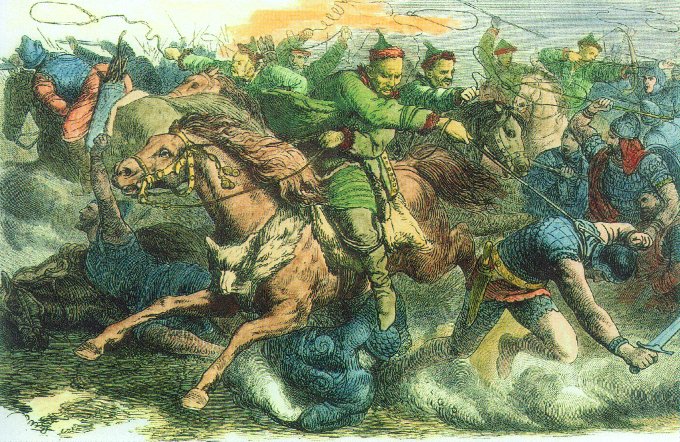 П. Гайге. «Гунны сражаются с аланами» Гравюра с рисунка. 1870 г.