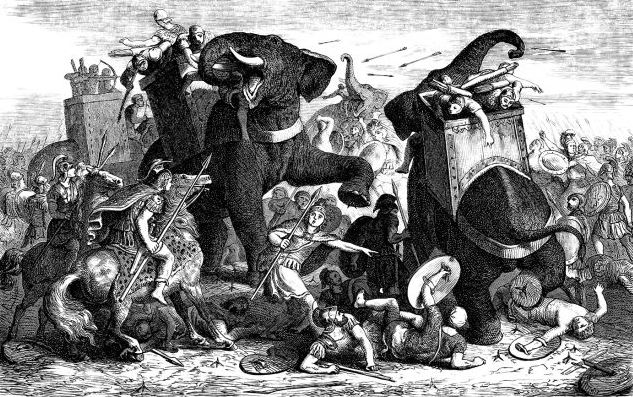 Иллюстрация, изображающая боевых слонов
