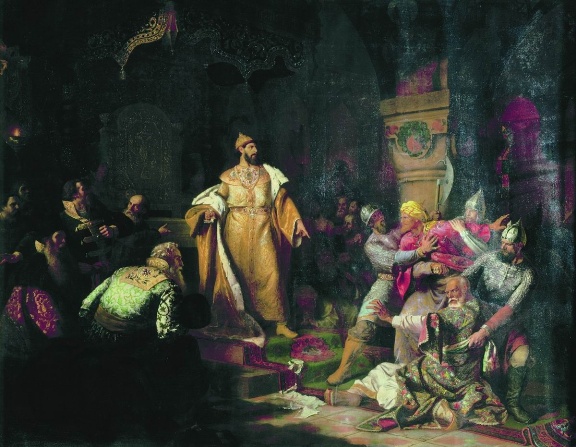 Худ. Шустов Н. С.  Иван III разрывает ханскую грамоту, 1862 г.