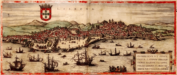 Карта Лиссабона из книги Георга Бауэра (гравер Хогенберг) Civitates Orbis Terrarum (Города мира), том V, Кельн, 1598 г.