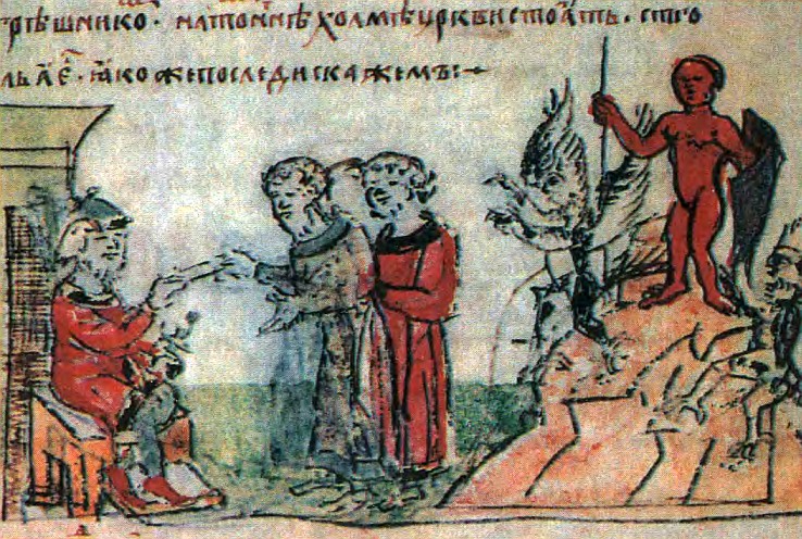 Князь Владимир I в 980 году отдает распоряжения у идола Перуна (миниатюра №111 из Радзивилловой летописи, конец XV столетия)