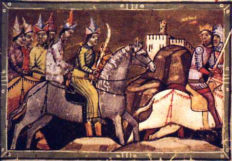 Монголы преследуют короля венгров Белу IV. Венгерская иллюстрированная хроника Chronicon Pictum, 1358 г.