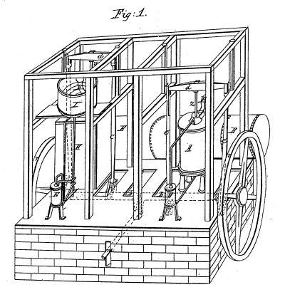 Охлаждающая машина Горри удивительна похожа на современный передвижной дизельный компрессор. Рисунок из архива патентов США, 6 мая 1851 г.