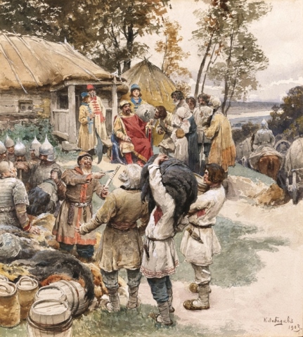 Худ. К. Лебедев Князь Игорь собирает дань с древлян в 945 году. 1903 г.