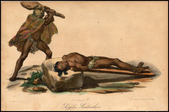 Принесение жертвы на Сандвичевых островах. Рис. Жака Араго, ок. 1819 г. Credit: PD-US