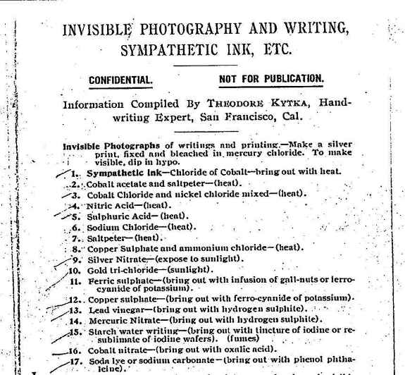 Рецепт невидимых чернил из архива CREST. Credit: PD-US