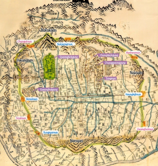 Карта Сеула 1576 г. На плане нанесены названия городских ворот