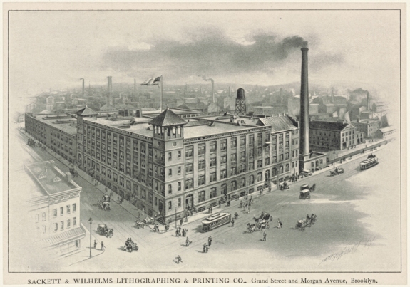 Здание типографии Сакетт-Вильгельмс в Нью-Йорке на Морган-авеню. 1903 г. Рисунок из архива Публичной библиотеки Нью-Йорка